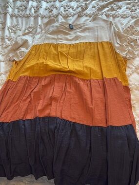 Tiered Colorblock Midi Dress in Cream, Mustard, Rust, and Black